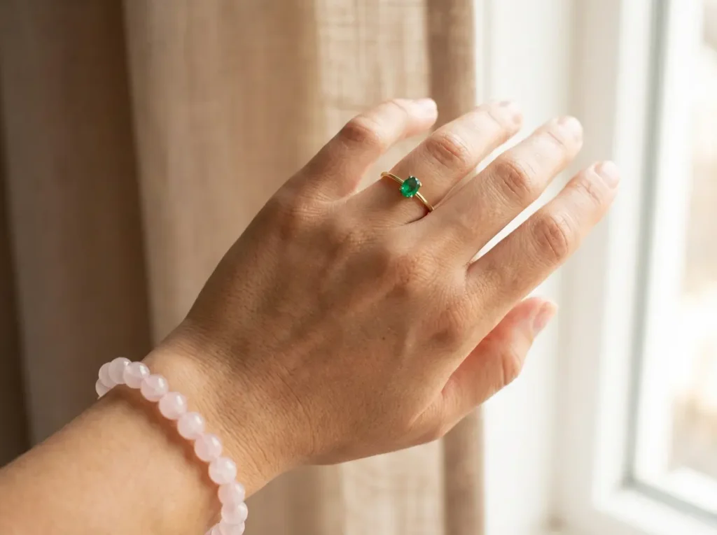 A woman's hand wearing an emerald ring set in yellow gold and a rose quartz crystal bracelet, styled as Taurus birthstone jewelry for everyday wear