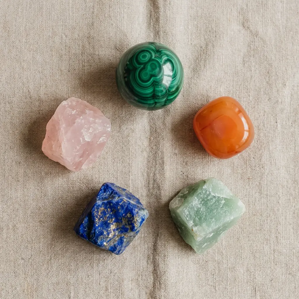 Five labeled Taurus crystals for different challenges: malachite for stubbornness, carnelian for burnout, green aventurine for abundance, lapis lazuli for communication, and rose quartz for relationships