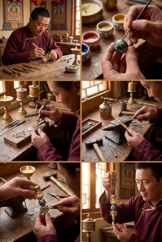 Tibetan artisan handcrafting an Om Mani Padme Hum vajra pendant necklace in six steps: carving copper, painting turquoise mantra bead, silversmithing filigree, forging the dorje tip, assembling components, and final quality inspection