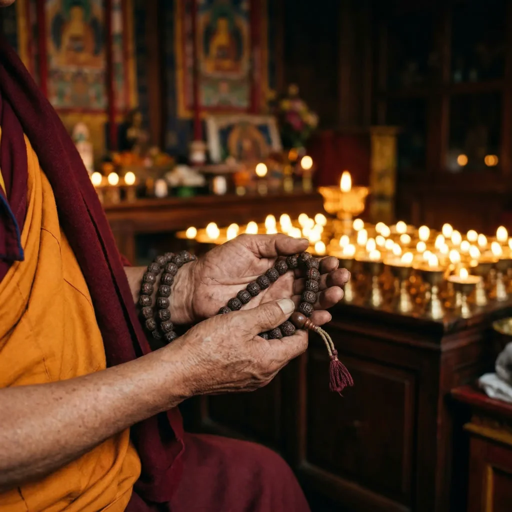 Tibetan Buddhist monk holding a mala bracelet during a puja blessing ceremony at a monastery, symbolizing the sacred spiritual cycle of a Buddhist bracelet