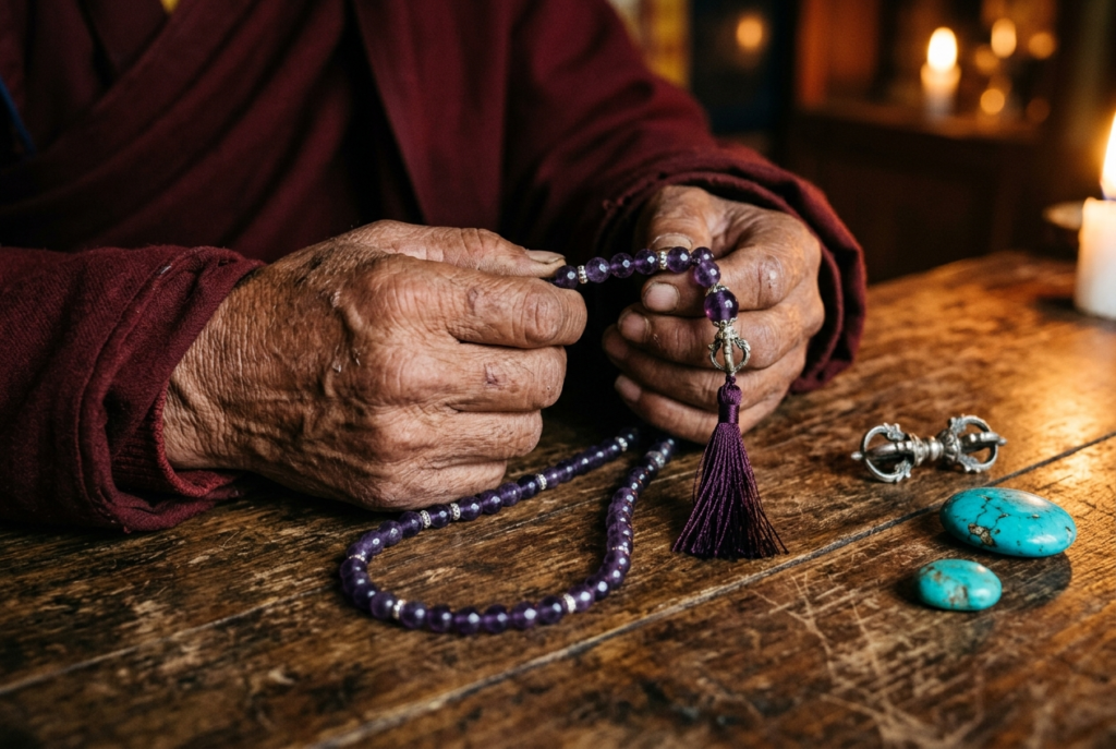 A Tibetan Buddhist monk's hands holding a string of amethyst mala prayer beads, with turquoise amulet pieces and a small dorje (vajra) visible on a dark wood surface