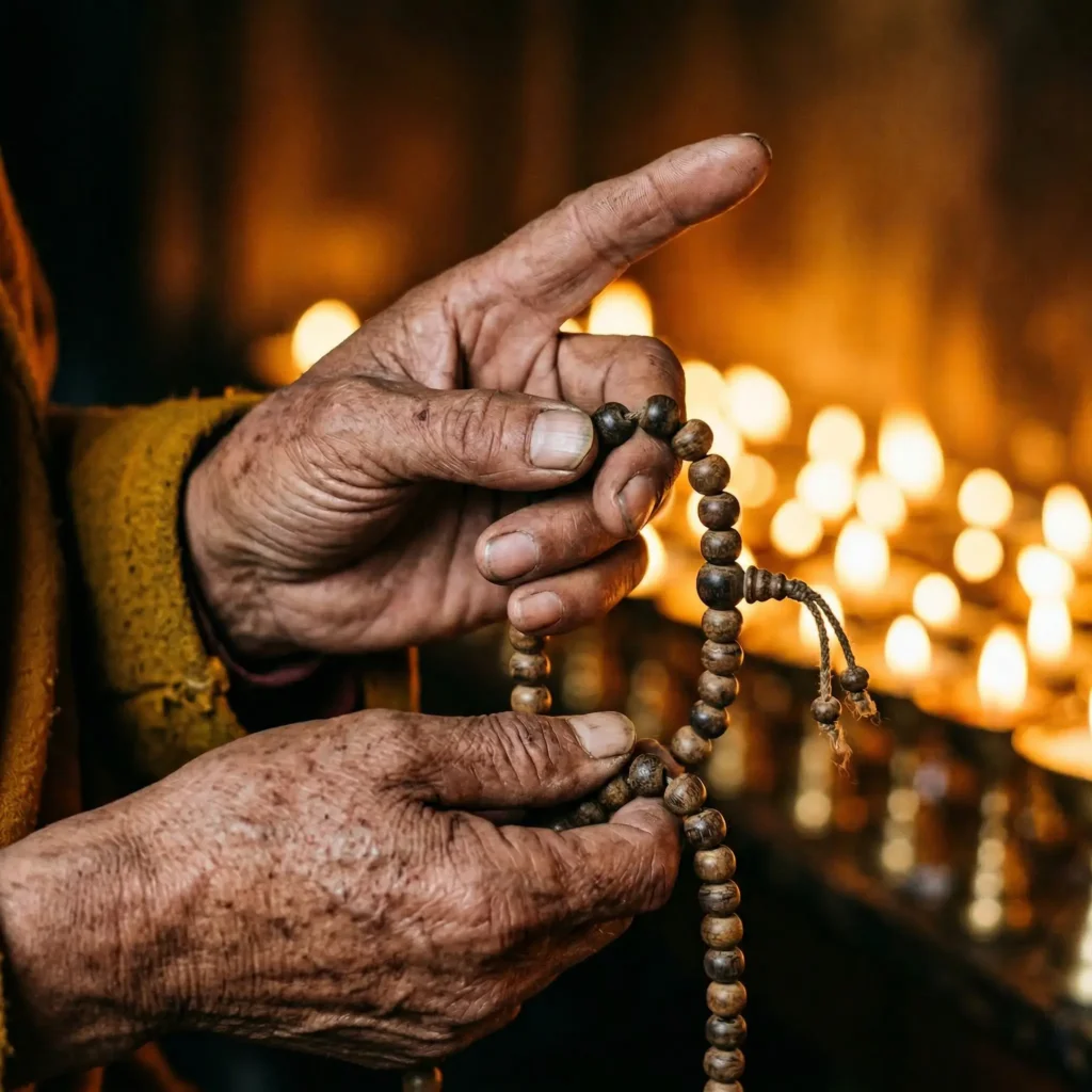 Three Tibetan wrist mala bracelets showing different bead counts: 18-bead, 21-bead, and 27-bead designs in sandalwood and turquoise