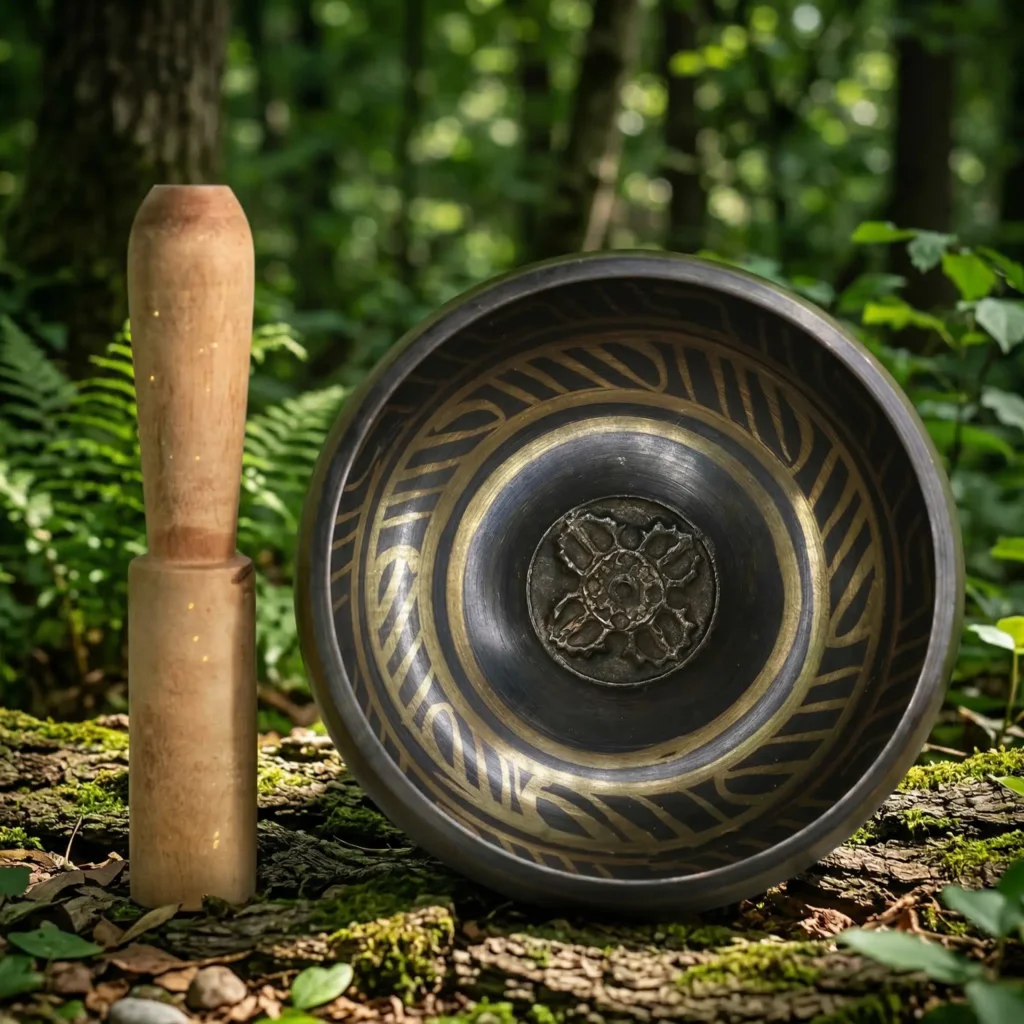 Tibetan copper singing bowl with engraved wave pattern and raised lotus mandala center, standing with wooden mallet on mossy forest floor surrounded by green foliage