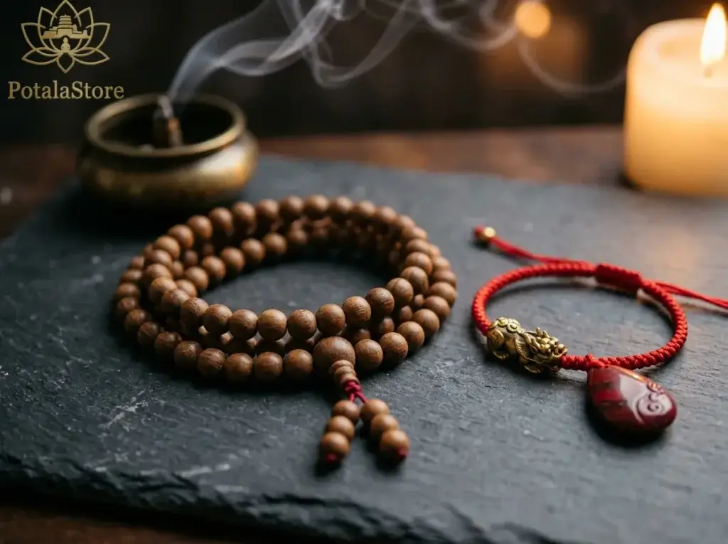 Close-up of authentic Tibetan sandalwood mala beads and red string protection bracelet on a dark stone surface with incense smoke, spiritual tools for Chinese zodiac protection in 2026