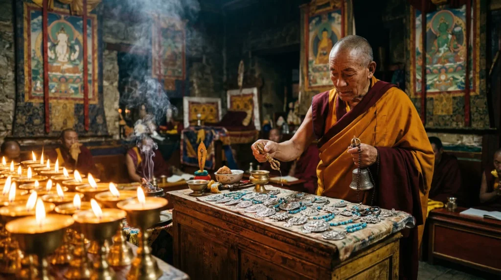 Tibetan Buddhist monk performing rabné consecration ceremony over silver dorje pendants at a monastery altar with butter lamps and incense