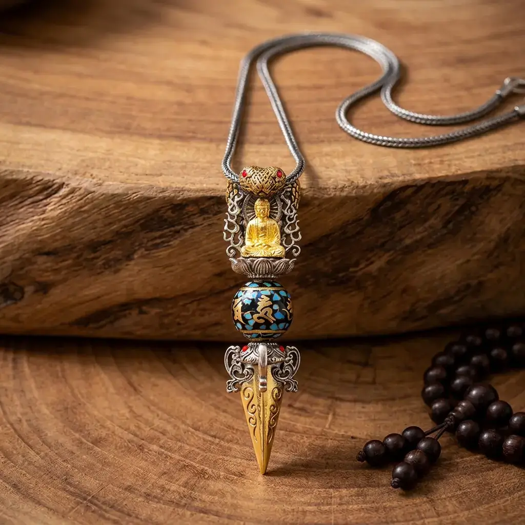 Tibetan Om Mani Padme Hum Vajra Pendant Necklace on Natural Wood – PotalaStore Tibetan Buddhist copper vajra dorje pendant necklace with gold Buddha figure, rotating Om Mani Padme Hum turquoise mantra bead, and engraved copper tip, displayed on natural wood surface with mala prayer beads