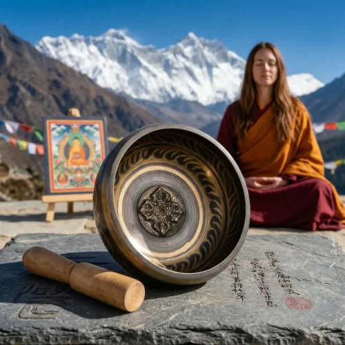 Woman in Buddhist robes meditating with eyes closed behind a Tibetan copper singing bowl and mallet on stone, Himalayan peaks, prayer flags and thangka painting in background