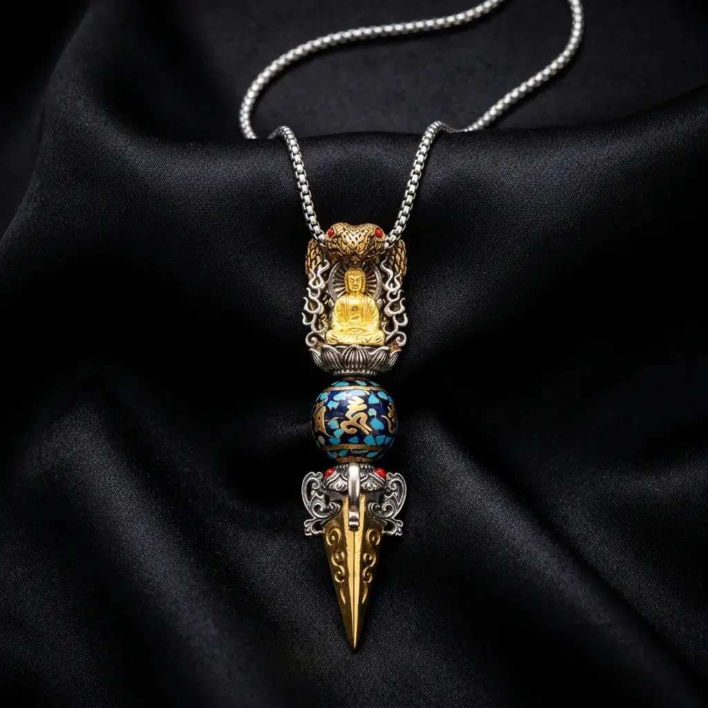 Tibetan Vajra Dorje Pendant Necklace on Black Silk – Om Mani Padme Hum PotalaStore Close-up of Tibetan Buddhist vajra pendant necklace featuring a gold meditation Buddha, hand-painted blue Om Mani Padme Hum mantra bead with turquoise mosaic inlay, and copper dorje point on black silk background