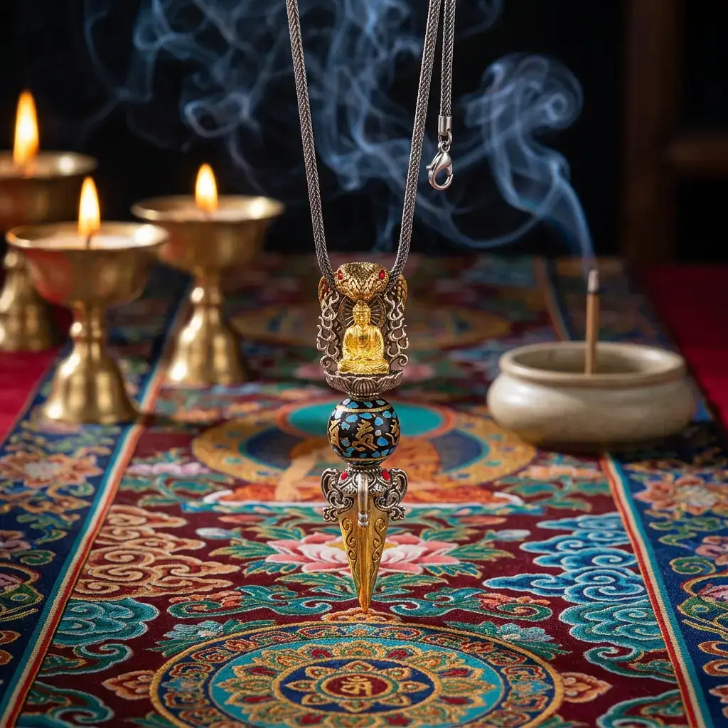Tibetan Vajra Pendant Necklace on Traditional Tibetan Altar with Butter Lamps PotalaStore Tibetan Om Mani Padme Hum vajra dorje pendant necklace suspended above a traditional Tibetan altar cloth with butter lamps, incense, and ritual brass bowls in the background, evoking authentic Himalayan Buddhist spiritual practice