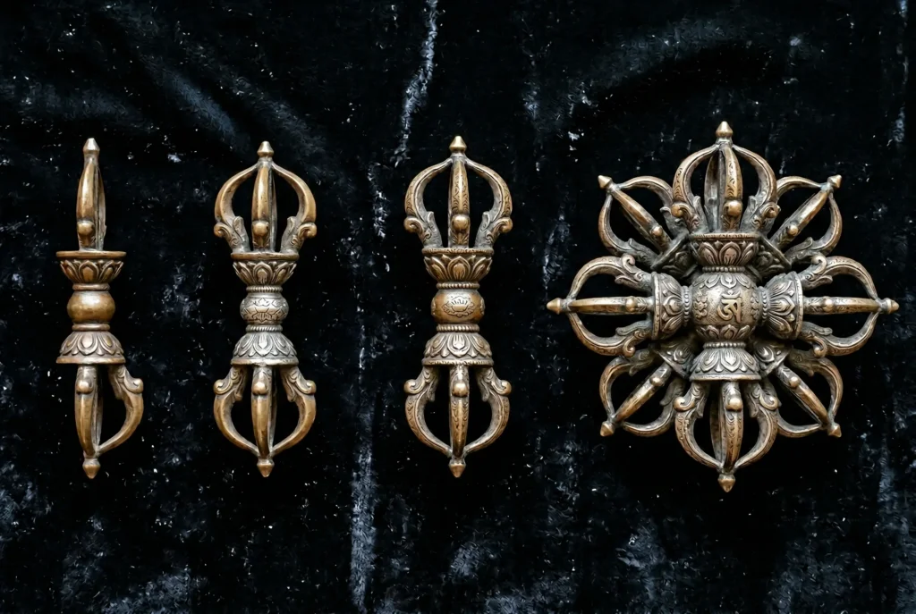 Four dorje vajra ritual scepters showing 1-pronged, 3-pronged, 5-pronged, and 9-pronged variations with symbolic meanings labeled