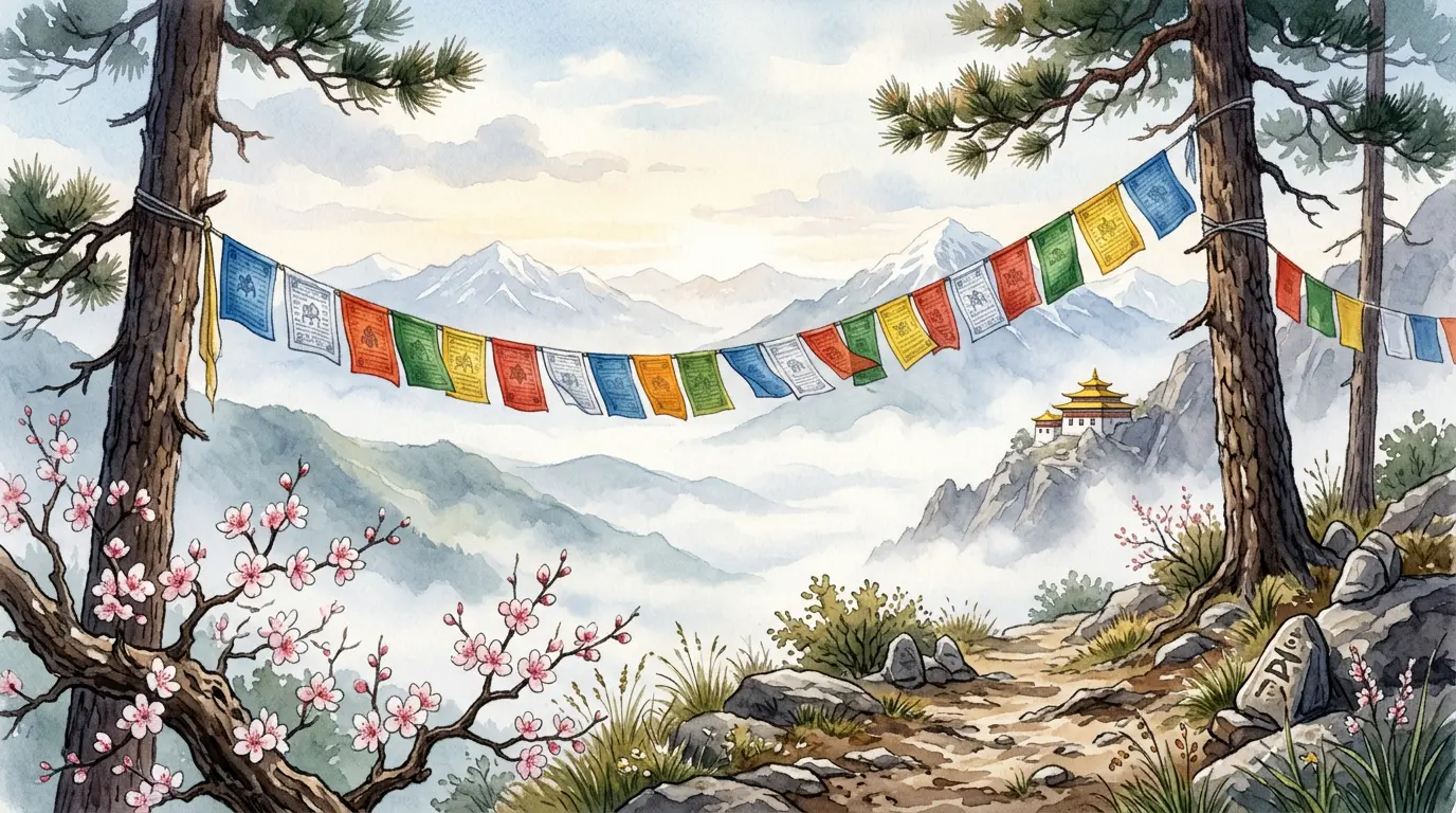 Colorful Tibetan Lung-ta Wind-Horse prayer flags flying in mountain wind during Qingming season, symbolizing spiritual fortune in the Fire Horse year 2026