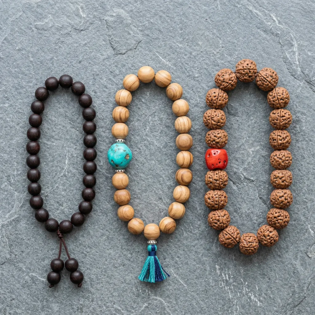A person's wrist wearing a turquoise Tibetan mala bracelet with a full sandalwood mala necklace resting on a small wooden altar with incense and a butter lamp in the background