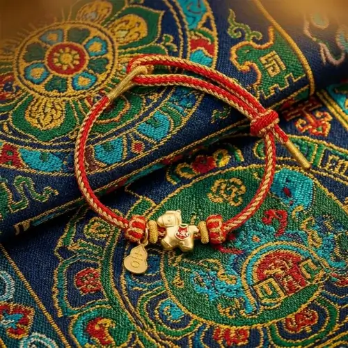 Rød snor i kobber med held og lykke-armbånd i Hestens år, hvilende på traditionelt tibetansk silkebrokadestof med indviklede blomster- og mandalamønstre, der viser en autentisk kulturel kontekst.