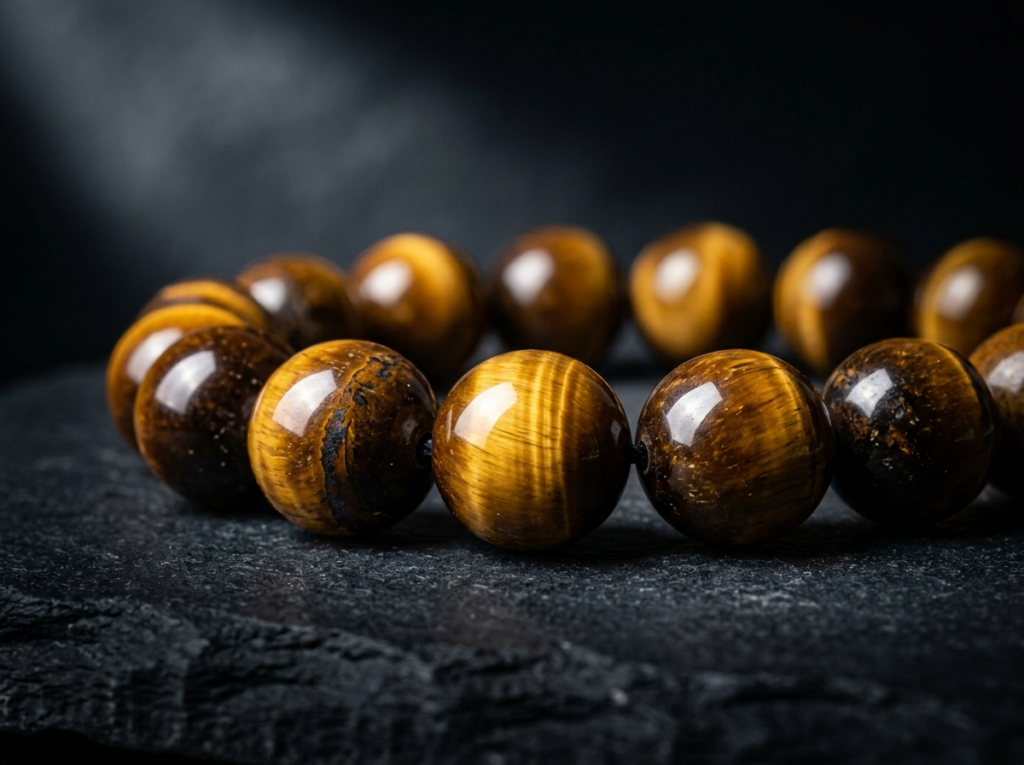 Close-up of a golden-brown tiger eye bracelet showing chatoyant light bands moving across the polished gemstone beads