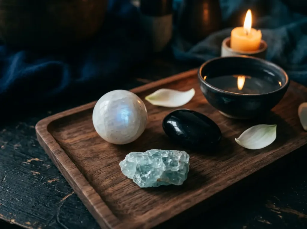 Moonstone, black obsidian and aquamarine crystals resting on a wooden tray beside a small bowl of water and lotus flower petals, representing Cancer Scorpio and Pisces zodiac signs