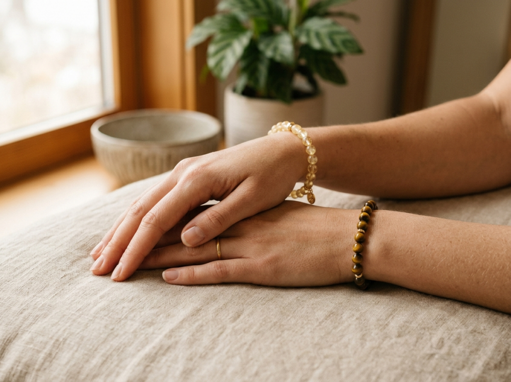 Woman wearing a citrine bracelet on her left wrist and a tiger eye bracelet on her right wrist, hands gently clasped together against a natural background