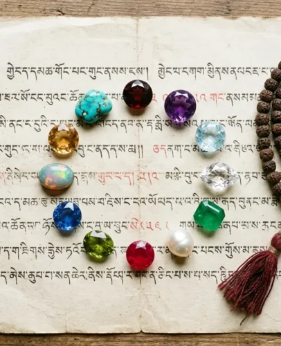 What Your Birthstone Says About You A flat lay arrangement of 12 gemstones representing each birth month, including garnet, amethyst, aquamarine, diamond, emerald, pearl, ruby, peridot, sapphire, opal, topaz, and turquoise, placed on aged Tibetan manuscript paper with soft natural light