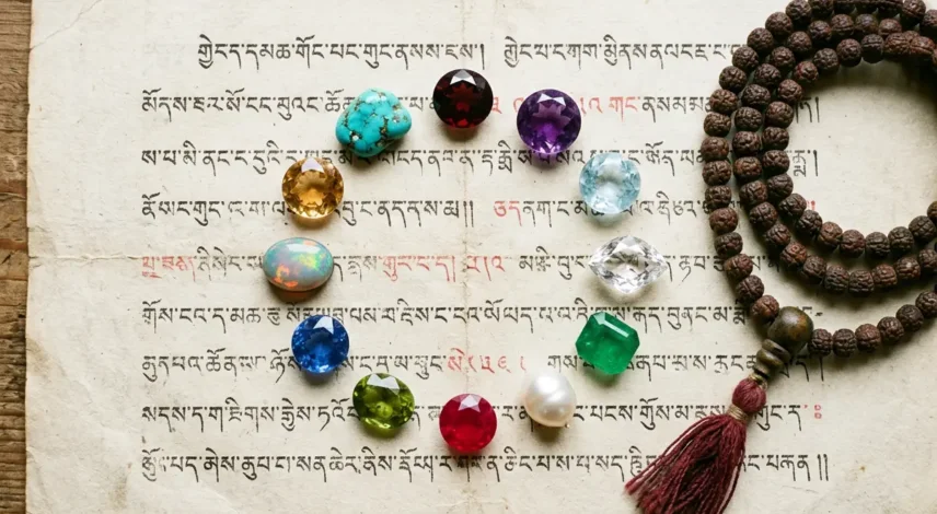 What Your Birthstone Says About You A flat lay arrangement of 12 gemstones representing each birth month, including garnet, amethyst, aquamarine, diamond, emerald, pearl, ruby, peridot, sapphire, opal, topaz, and turquoise, placed on aged Tibetan manuscript paper with soft natural light