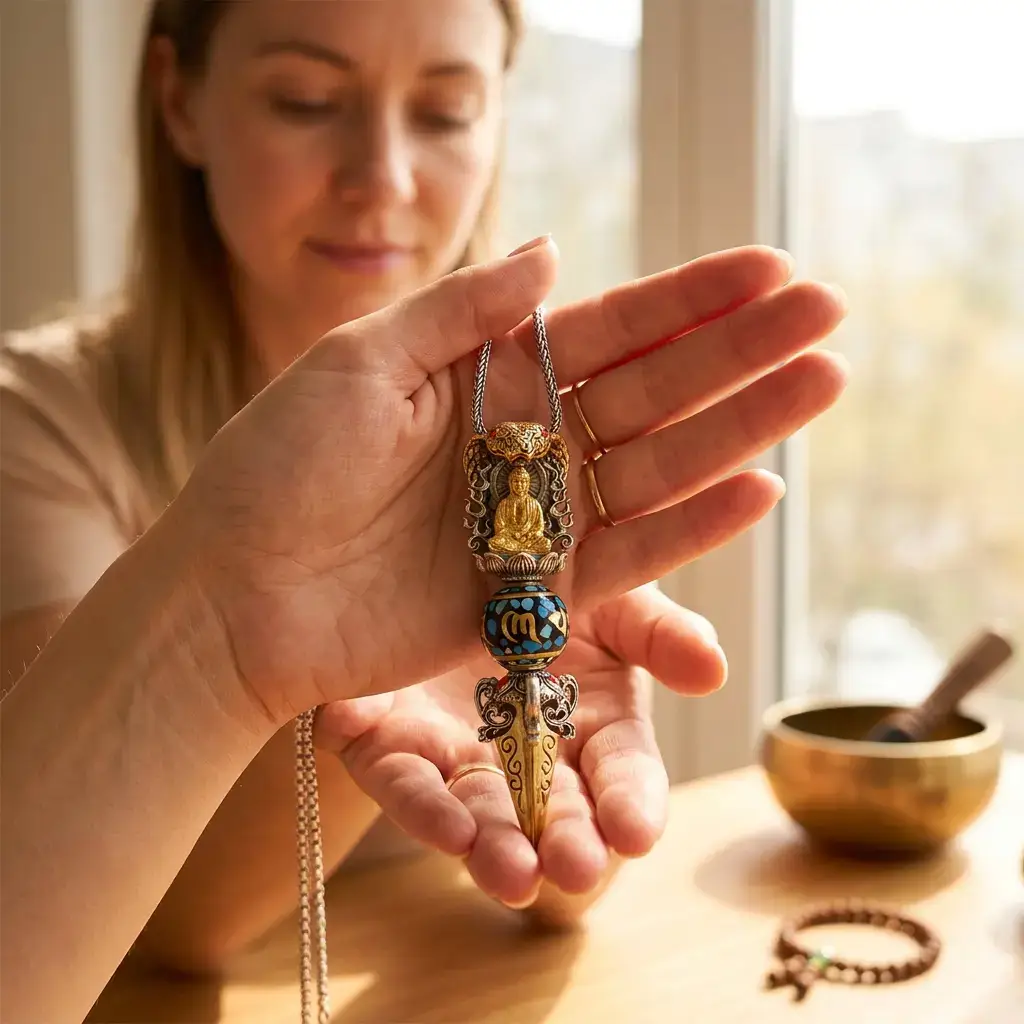 Woman Holding Tibetan Om Mani Padme Hum Vajra Pendant in Meditation Setting PotalaStore Woman holding a Tibetan Buddhist vajra dorje copper pendant necklace in both hands beside a window, with a brass singing bowl and mala beads on the table, conveying mindfulness and spiritual meditation practice