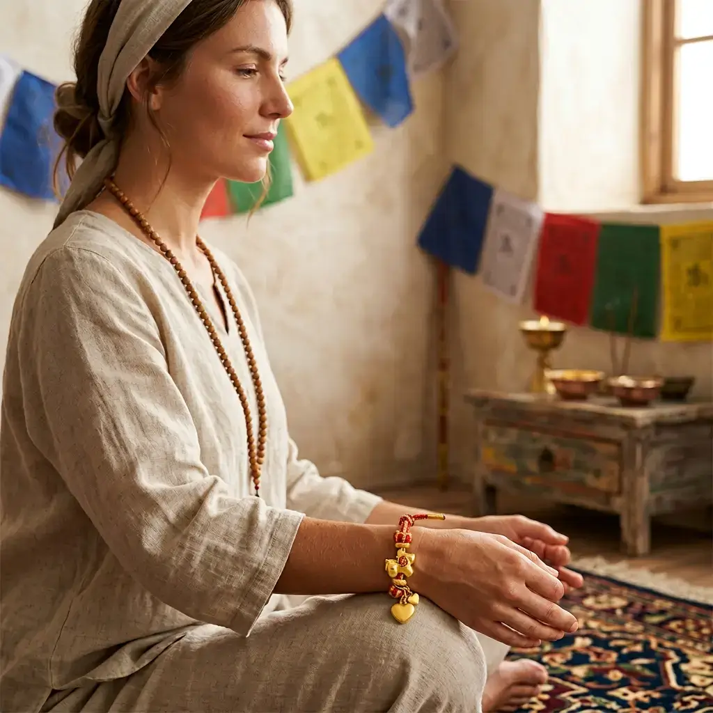 Woman Meditating with Year of the Horse Red String Bracelet in Tibetan Space – PotalaStore Woman wearing Year of the Horse red string copper luck bracelet while meditating in a Tibetan-inspired room with colorful prayer flags, singing bowls, and wooden altar in background