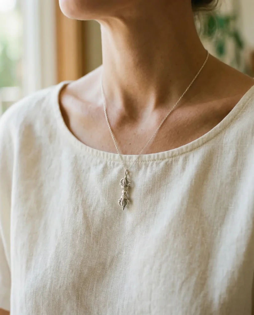 Close-up of a silver 5-pronged dorje pendant worn on a chain at chest level, against a neutral linen background — Tibetan Buddhist talisman jewelry