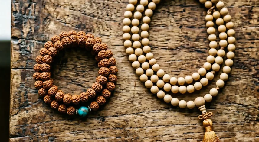 Side-by-side comparison of a Tibetan wrist mala bracelet with 27 beads and a full 108-bead mala necklace on a wooden meditation surface