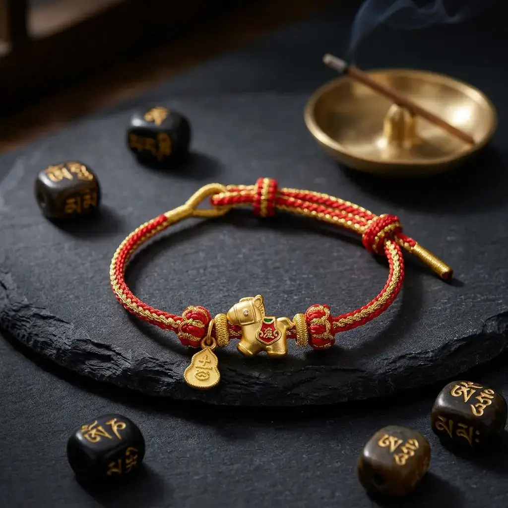 Year of the Horse Luck Bracelet with Tibetan Mani Stones and Incense – PotalaStore Red string copper Year of the Horse bracelet on slate stone surface surrounded by Tibetan mani stones engraved with Om Mani Padme Hum mantra and a brass incense holder