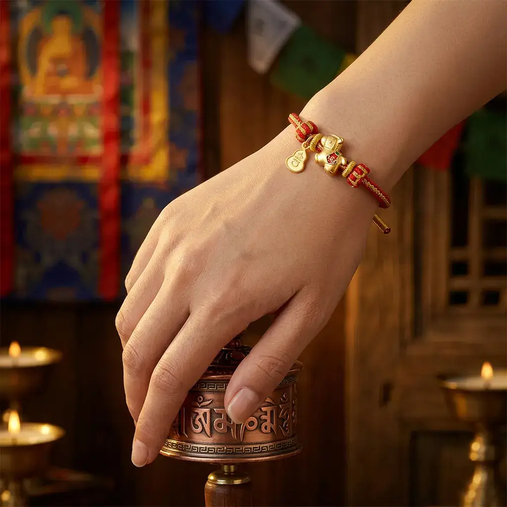 Year of the Horse Red String Bracelet Worn with Tibetan Prayer Wheel – PotalaStore Close-up of a hand wearing the Year of the Horse red and gold string copper bracelet while touching a Tibetan prayer wheel engraved with Om Mani Padme Hum, with thangka and butter lamps in background