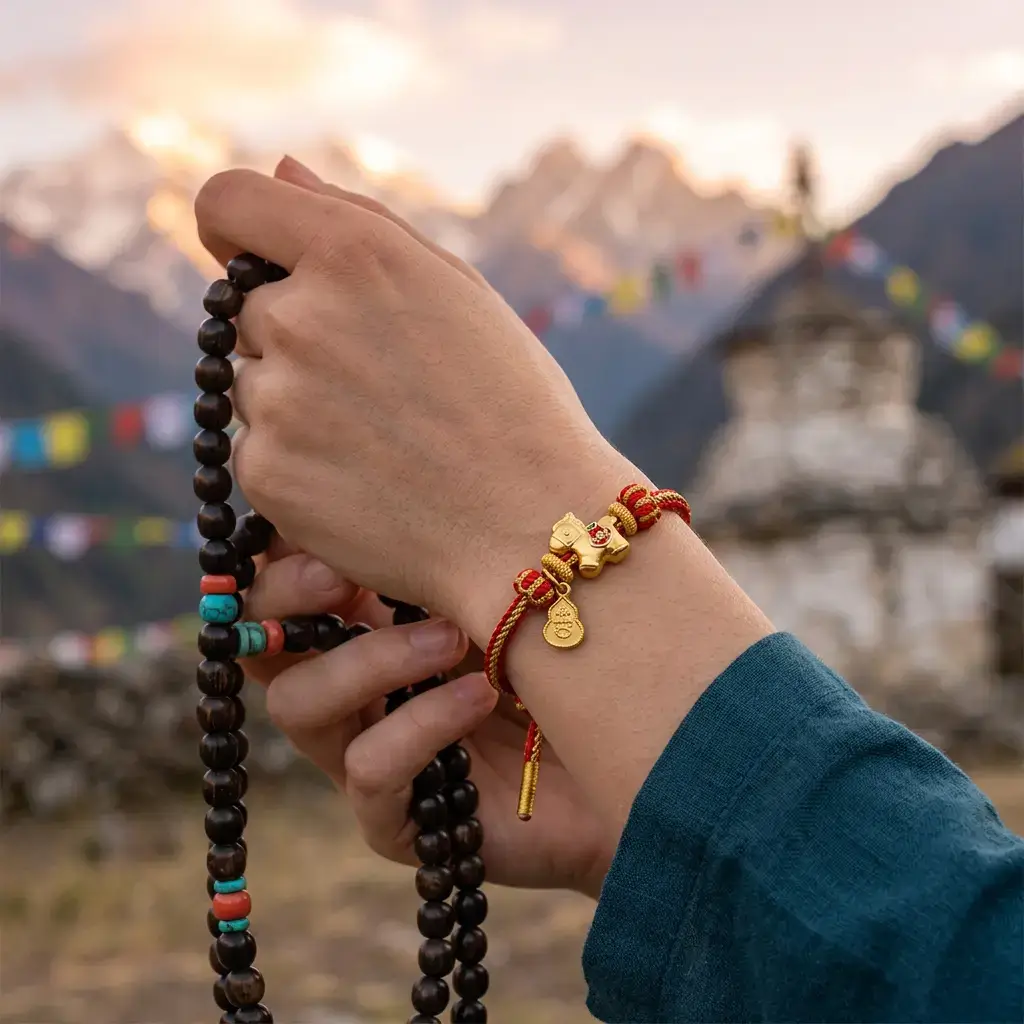 Year of the Horse Red String Copper Bracelet Worn Outdoors with Tibetan Stupa – PotalaStore Hand wearing Year of the Horse red string copper luck bracelet and holding a mala bead necklace at sunset, with Tibetan prayer flags and mountain stupa in the background