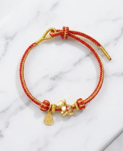 Year of the Horse red string and gold copper luck bracelet with horse charm and gourd pendant on white marble background, adjustable braided design for Ben Ming Nian 2026
