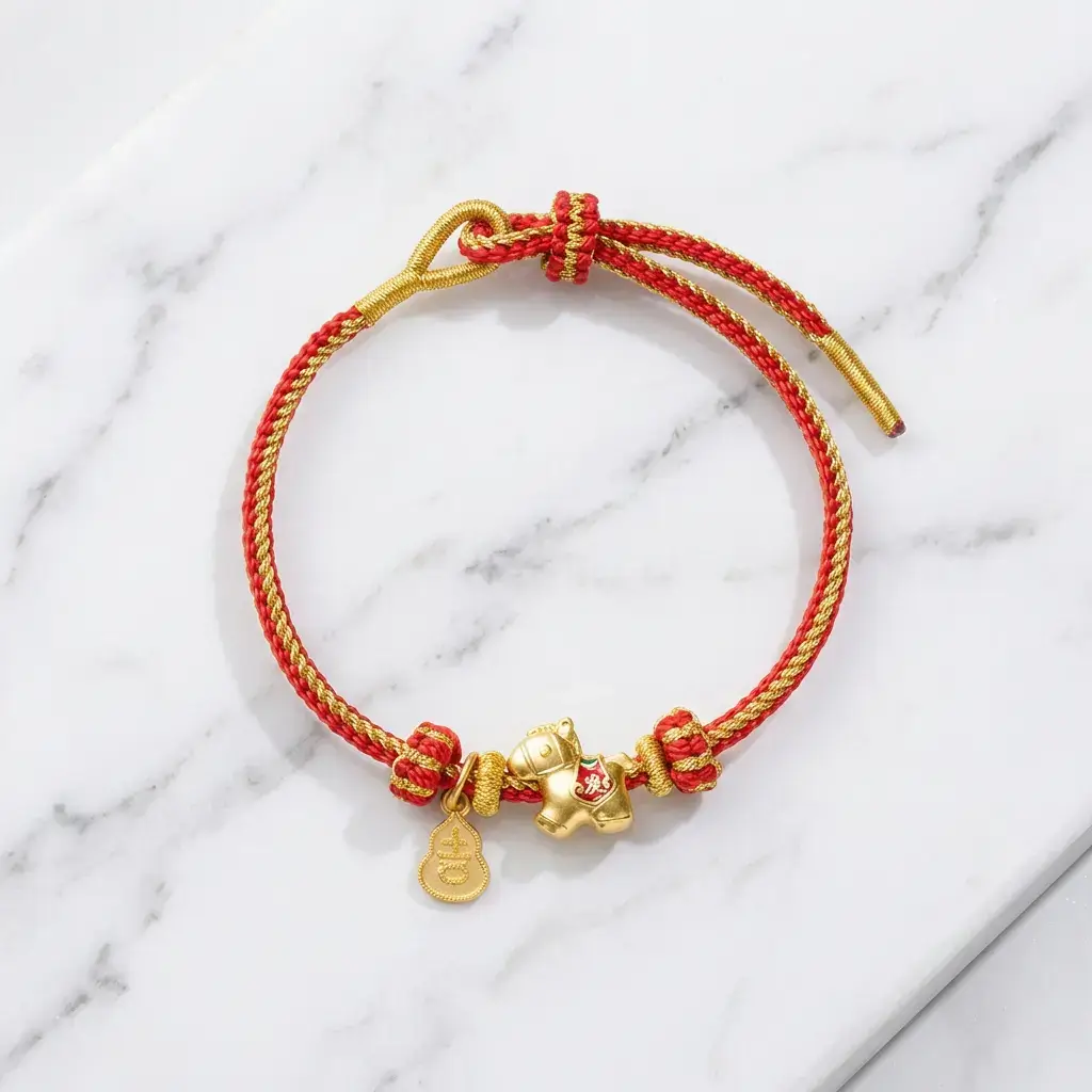 Year of the Horse Red String Copper Luck Bracelet on Marble – PotalaStore Year of the Horse red string and gold copper luck bracelet with horse charm and gourd pendant on white marble background, adjustable braided design for Ben Ming Nian 2026