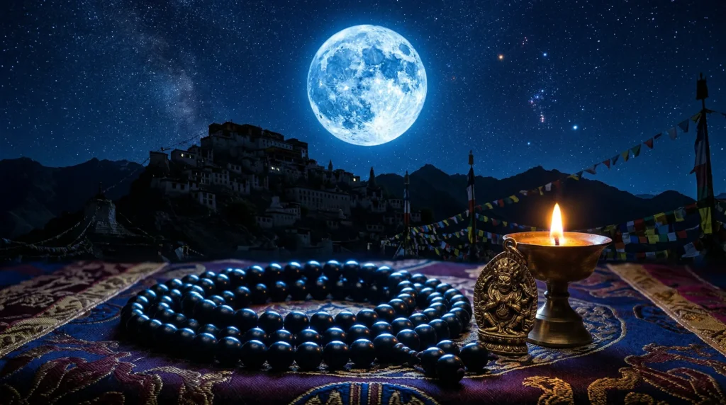 A glowing blue full moon rising over a Tibetan monastery at night, with mala beads and a guardian Buddha pendant in the foreground on a ceremonial cloth
