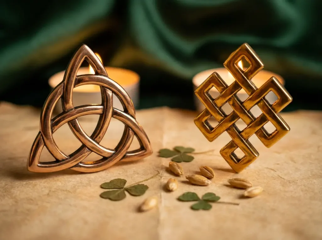 Green Aventurine, Green Jade bracelet, and Malachite tumble stones arranged on white marble with fresh shamrock leaves for St. Patrick's Day luck