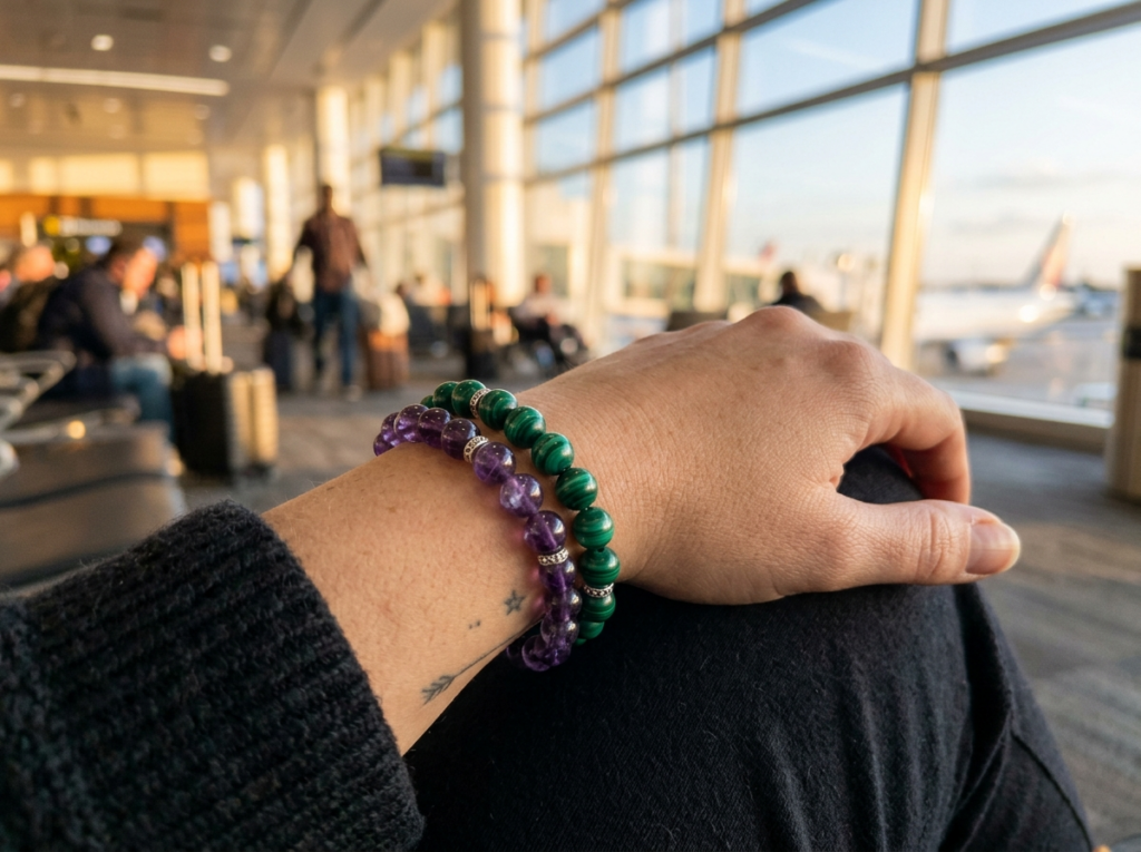 Woman's wrist wearing two stacked crystal bracelets — green malachite and purple amethyst — against a blurred airport departure lounge background