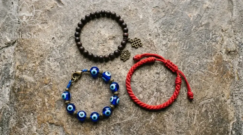 Flat lay of three different spiritual bracelets representing different traditions: a blue evil eye bracelet, a red string Kabbalah bracelet, and a Tibetan mala bead bracelet, arranged on aged stone