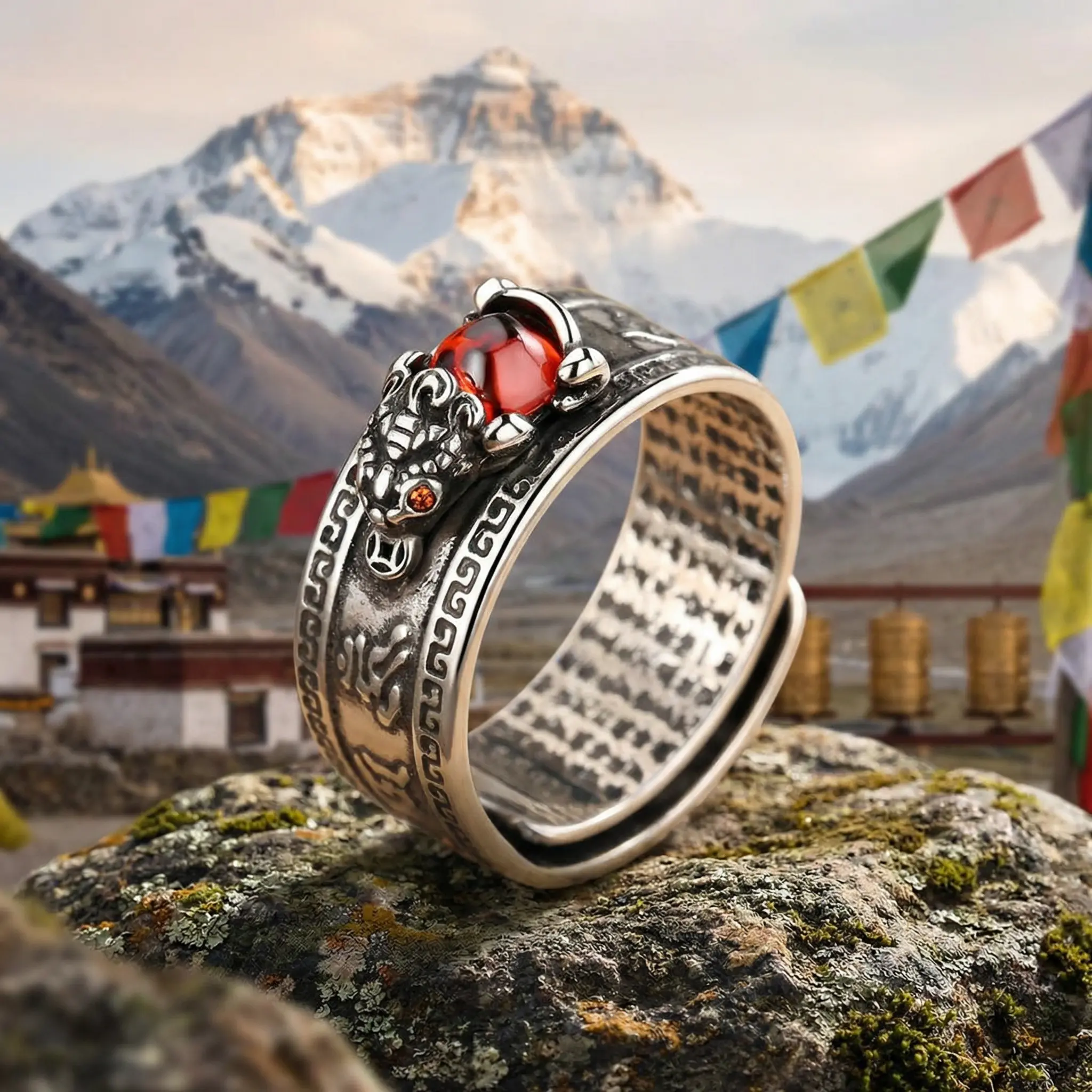 feng-shui-pixiu-ring-red-agate-tibetan-monastery-everest Silver feng shui PiXiu ring with natural red agate stone resting on Himalayan rock, Tibetan monastery and prayer flags in background