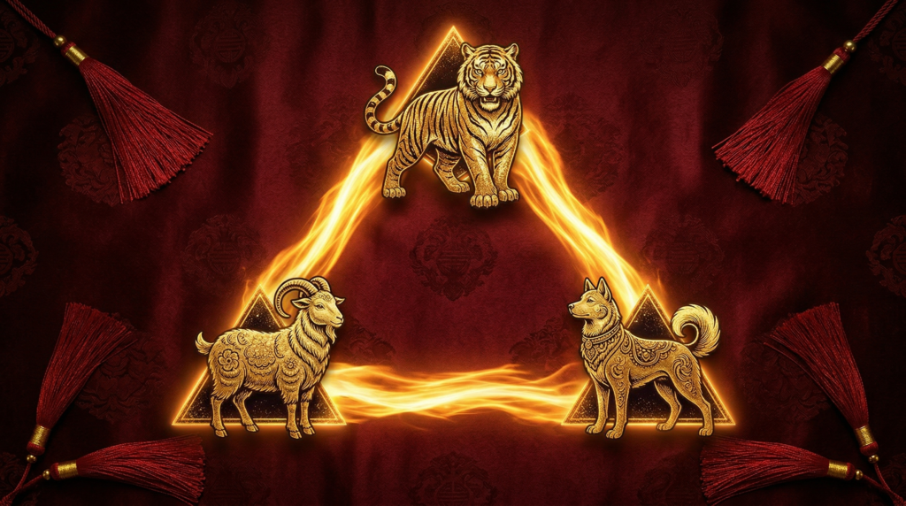Tiger, Dog, and Goat zodiac symbols connected by golden light forming a glowing triangle, representing the Fire Trine alignment in the 2026 Horse year