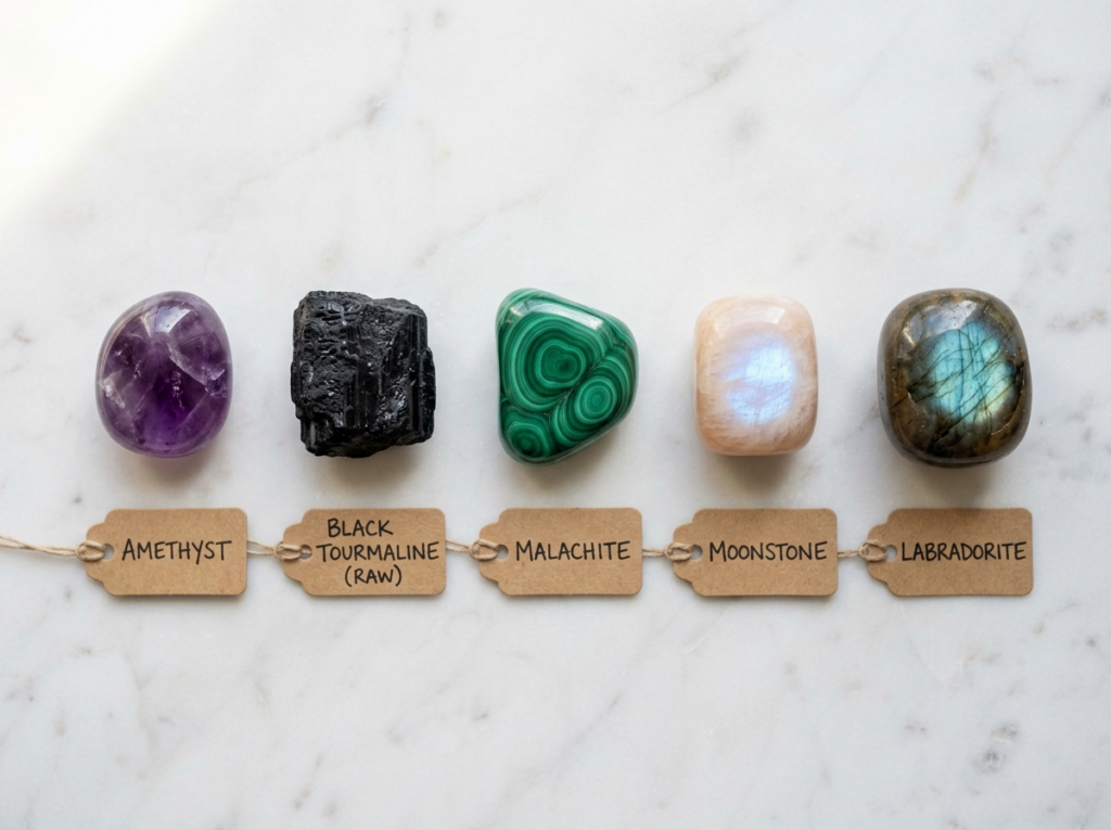 Five travel protection crystals displayed on white stone — amethyst, black tourmaline, malachite, moonstone, and labradorite tumbled stones side by side