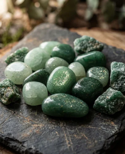 Polished green aventurine crystals with natural fuchsite sparkle, known as the Stone of Opportunity for wealth and luck