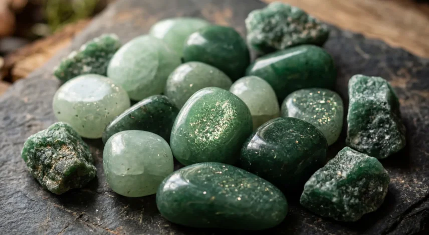 green-aventurine-tibetan-buddhist-heart-chakra-meditation Polished green aventurine crystals with natural fuchsite sparkle, known as the Stone of Opportunity for wealth and luck