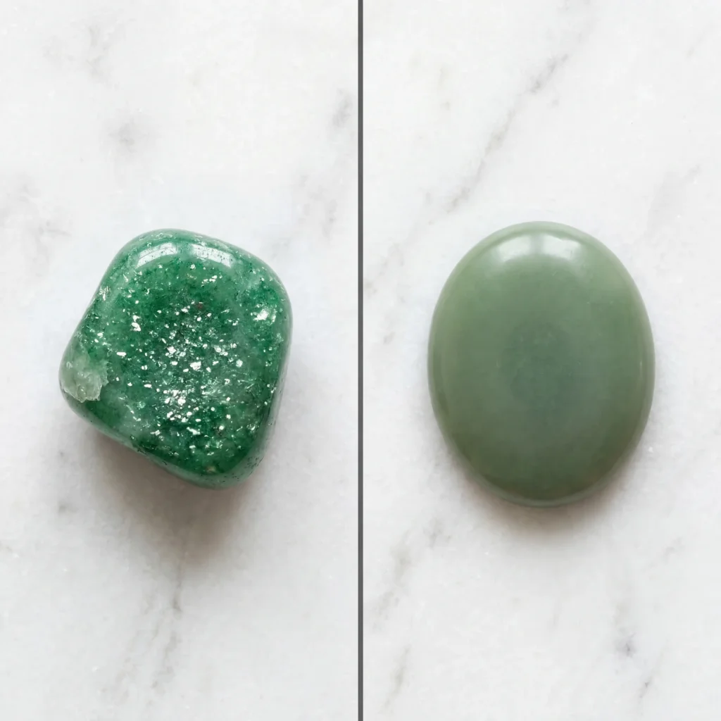 Side-by-side comparison of green aventurine and nephrite jade stones showing the glittery aventurescence of aventurine versus the smooth waxy surface of jade