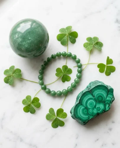 Green jade mala beads and four-leaf clover on dark moss surface for St. Patrick's Day 2026 luck rituals