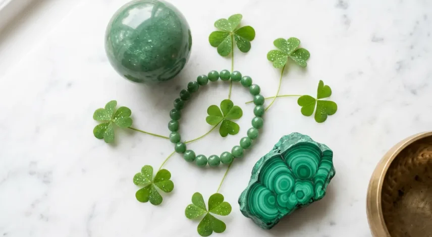 green-crystals-luck-aventurine-jade-malachite-st-patricks-day Green jade mala beads and four-leaf clover on dark moss surface for St. Patrick's Day 2026 luck rituals