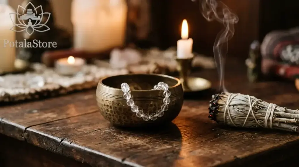 A crystal bracelet resting inside a small Tibetan singing bowl on a wooden surface, with a lit sage bundle nearby producing a thin curl of smoke, soft candlelight in the background