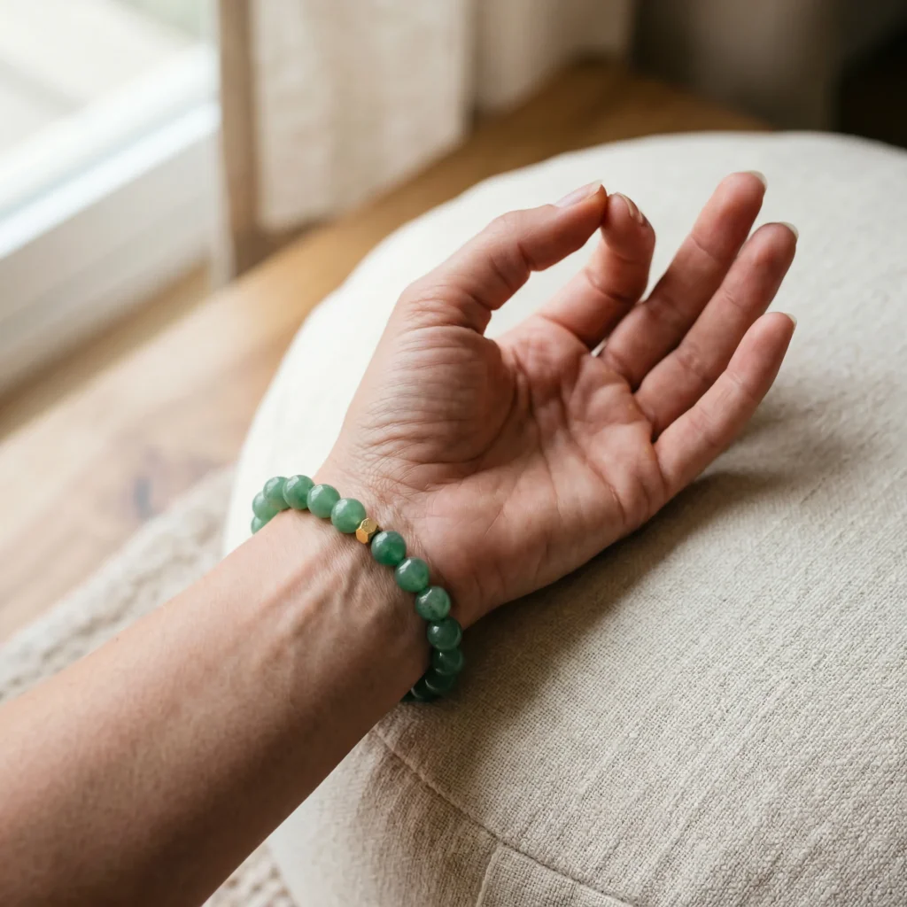Woman's left wrist wearing a green aventurine beaded bracelet during meditation, symbolizing Heart Chakra activation for attracting wealth and opportunity