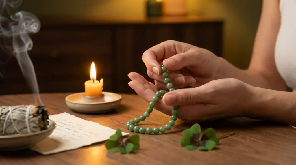 Woman's hands holding green jade mala beads in meditation with burning sage and candle, St. Patrick's Day spiritual luck ritual