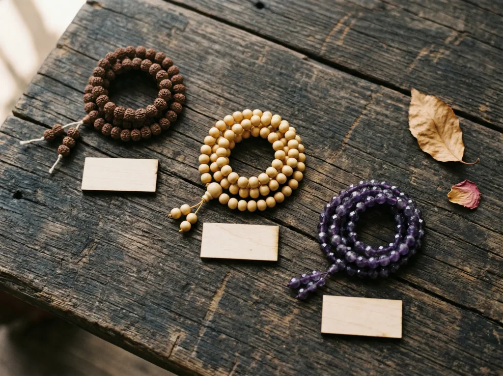 Styled flat lay product photography on a dark weathered wood surface. Three small piles or short strands of mala beads arranged diagonally left to right: (1) dark brown textured bodhi seed beads with visible natural surface texture, (2) smooth pale golden-beige sandalwood beads, (3) faceted deep purple amethyst gemstone beads. Small wooden label cards beneath each grouping (blank, no text). Warm overhead lighting with soft shadows. Rich material textures. Botanical accent — a single dried leaf or small petal near the edge. Shot from slight overhead angle, 30°. Earthy, artisanal feel. No overly polished commercial aesthetic.