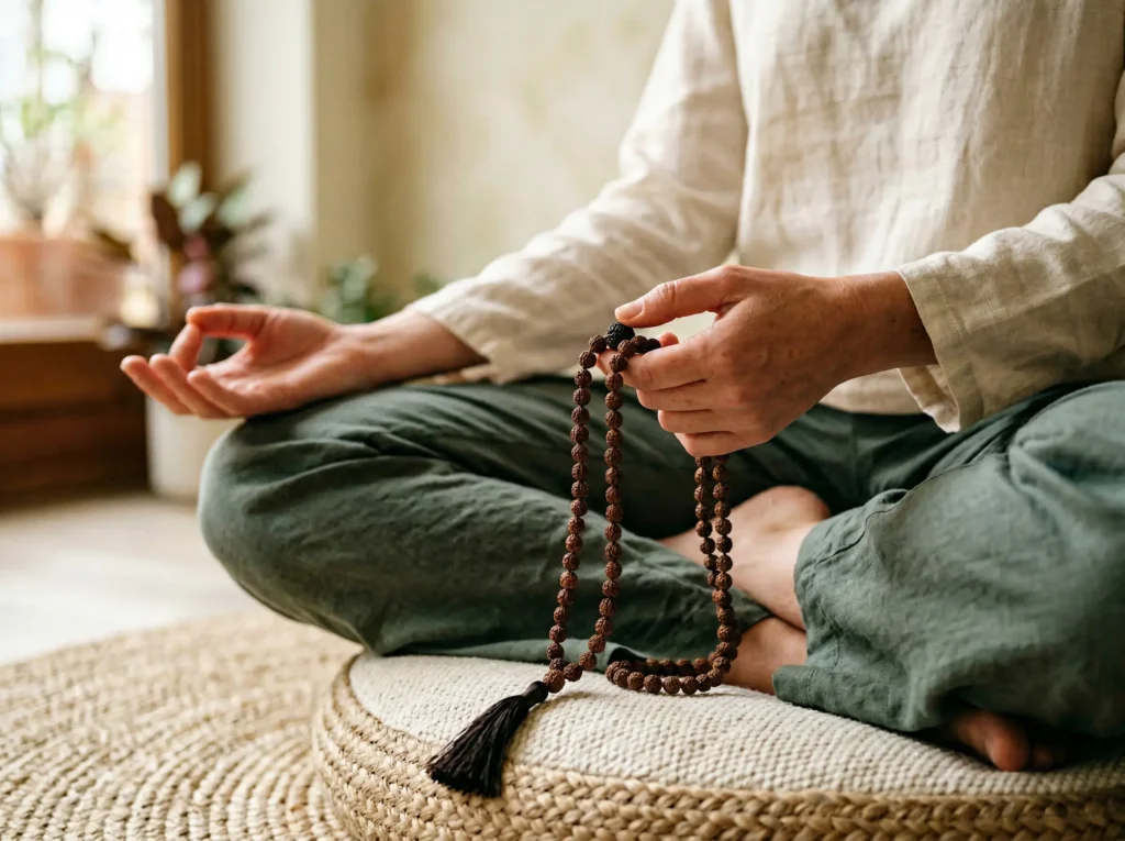 Close-up lifestyle photography of a woman's hands in a meditation pose, sitting cross-legged on a cushion. Her right hand holds a 108-bead mala necklace made of dark brown bodhi seeds. Thumb gently touching one bead. Soft, diffused natural light from a window on the left. Warm neutral background — cream or light sage. Shallow depth of field, foreground in sharp focus. Calm, spiritual atmosphere. No jewelry rings or distracting accessories. Real-skin tone, authentic feeling. No filters, no artificial glow effects.