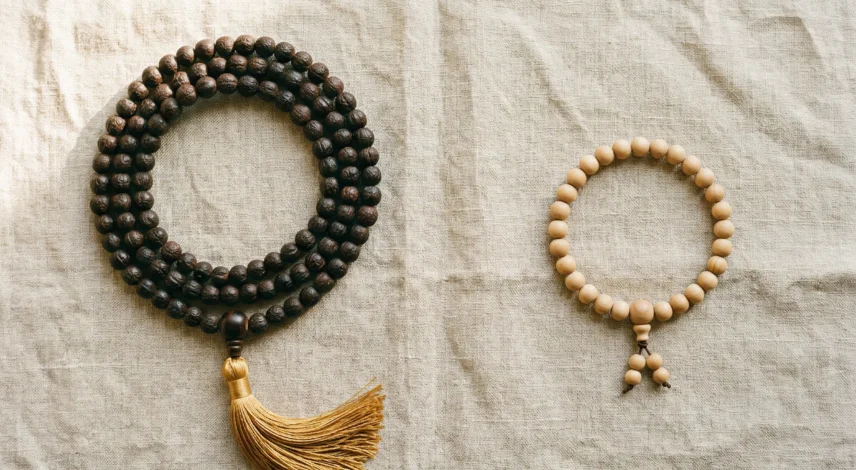 mala-necklace-vs-wrist-mala-comparison Flat lay product photography, top-down view. A full 108-bead mala necklace made of dark bodhi seeds with a golden tassel, arranged in a circular loop on the left side. On the right side, a 27-bead wrist mala bracelet made of light sandalwood beads with a small guru bead. Both items on a textured natural linen cloth with soft warm morning light from the upper left. Minimal, clean composition with generous negative space between items. Soft shadows. No text. Lifestyle spiritual aesthetic. Shot on medium format camera, f/4.0, warm neutral tones.
