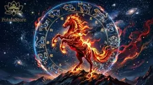 Illustrated Fire Horse surrounded by the 12 Chinese zodiac animals in a Tibetan mandala style for March 2026 horoscope